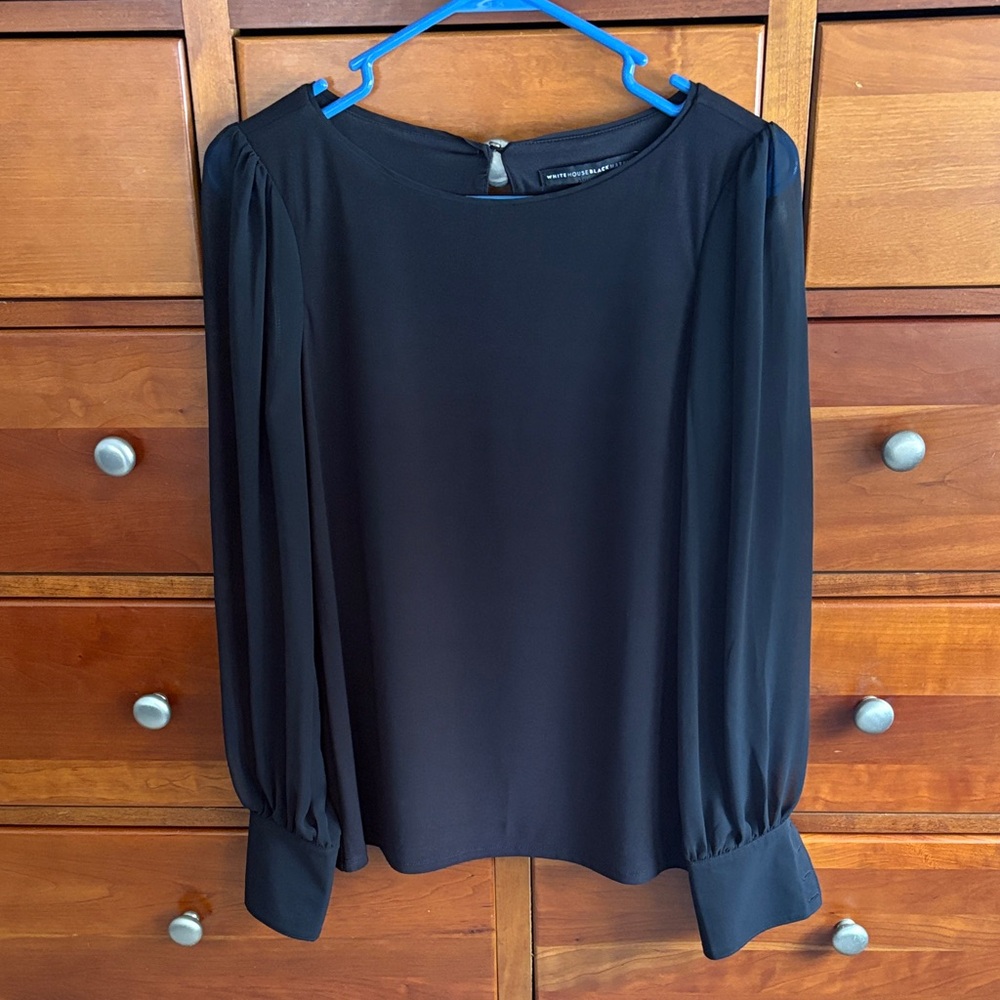 White House Black Market Black Sheer-Sleeve Long-Sleeve Blouse